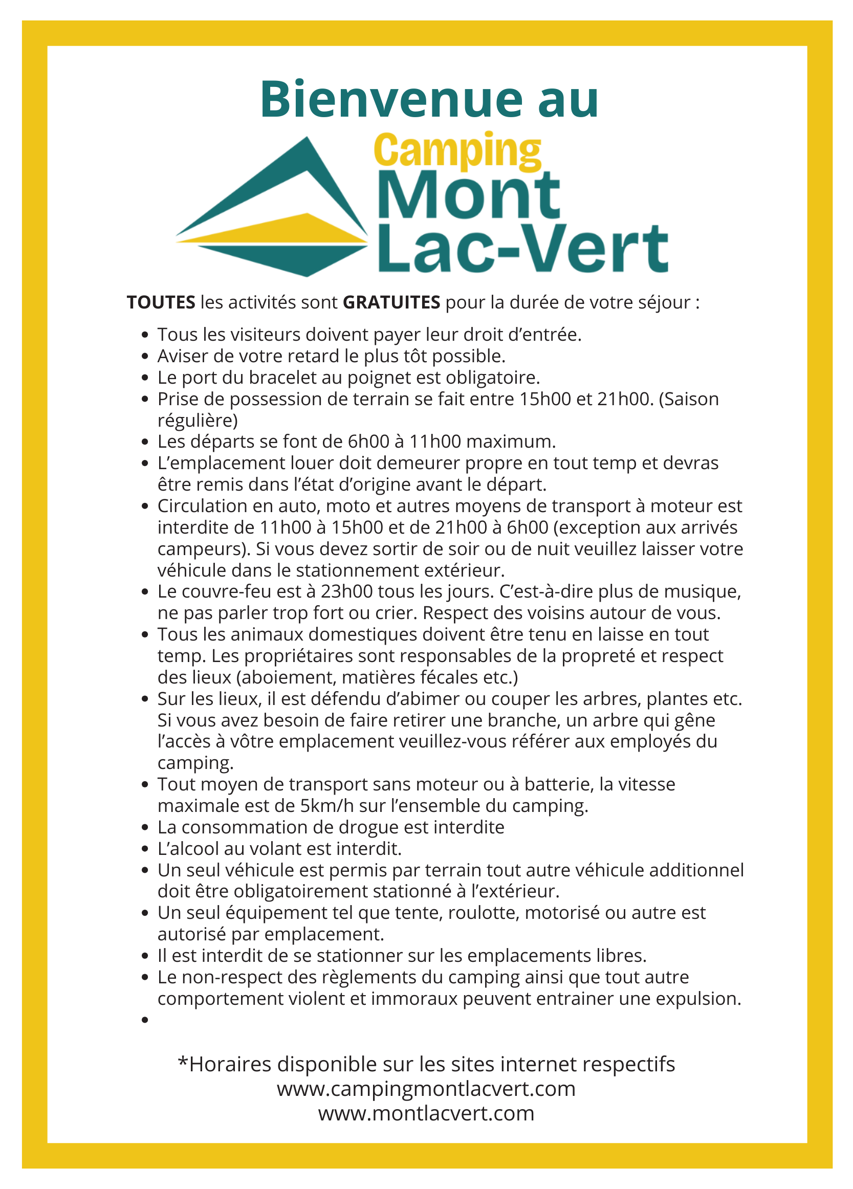 Règlements du Camping du Mont Lac-Vert à Hébertville présentant les consignes à respecter durant le séjour.